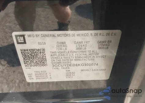 2019 Chevrolet Silverado 1500 Lt z USA, uszkodzony, nr VIN 3GCUYDED1KG101074